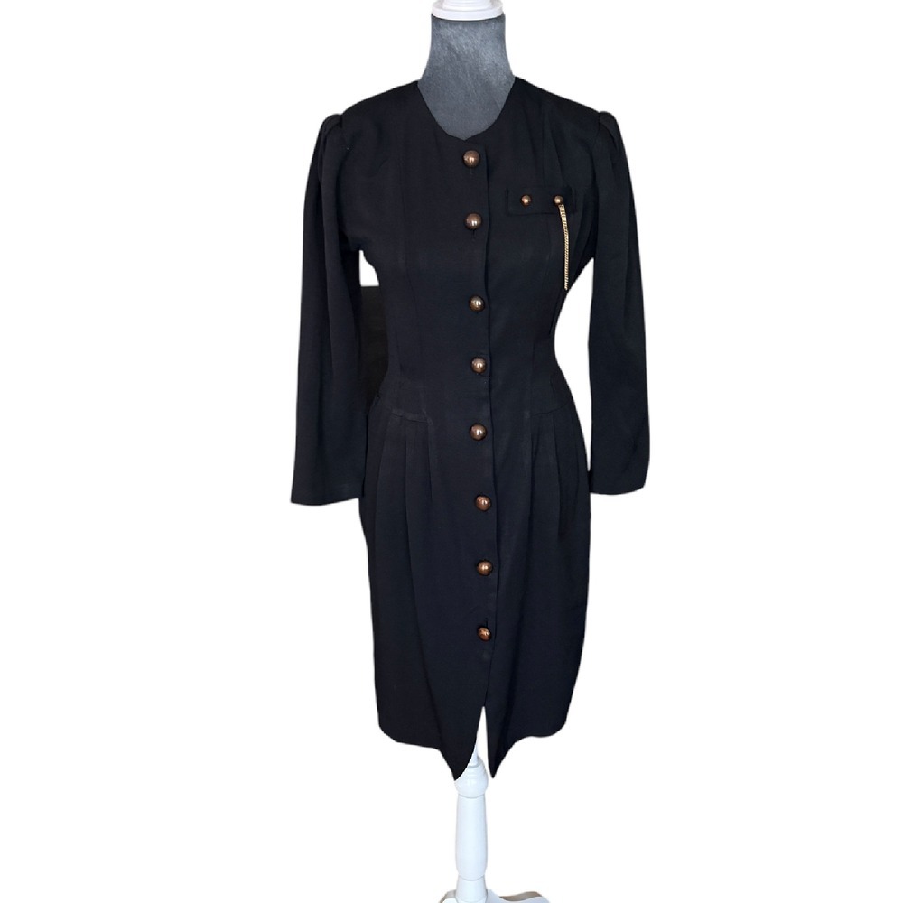 East West California Vintage Dress Button Front Long Sleeve Black Small